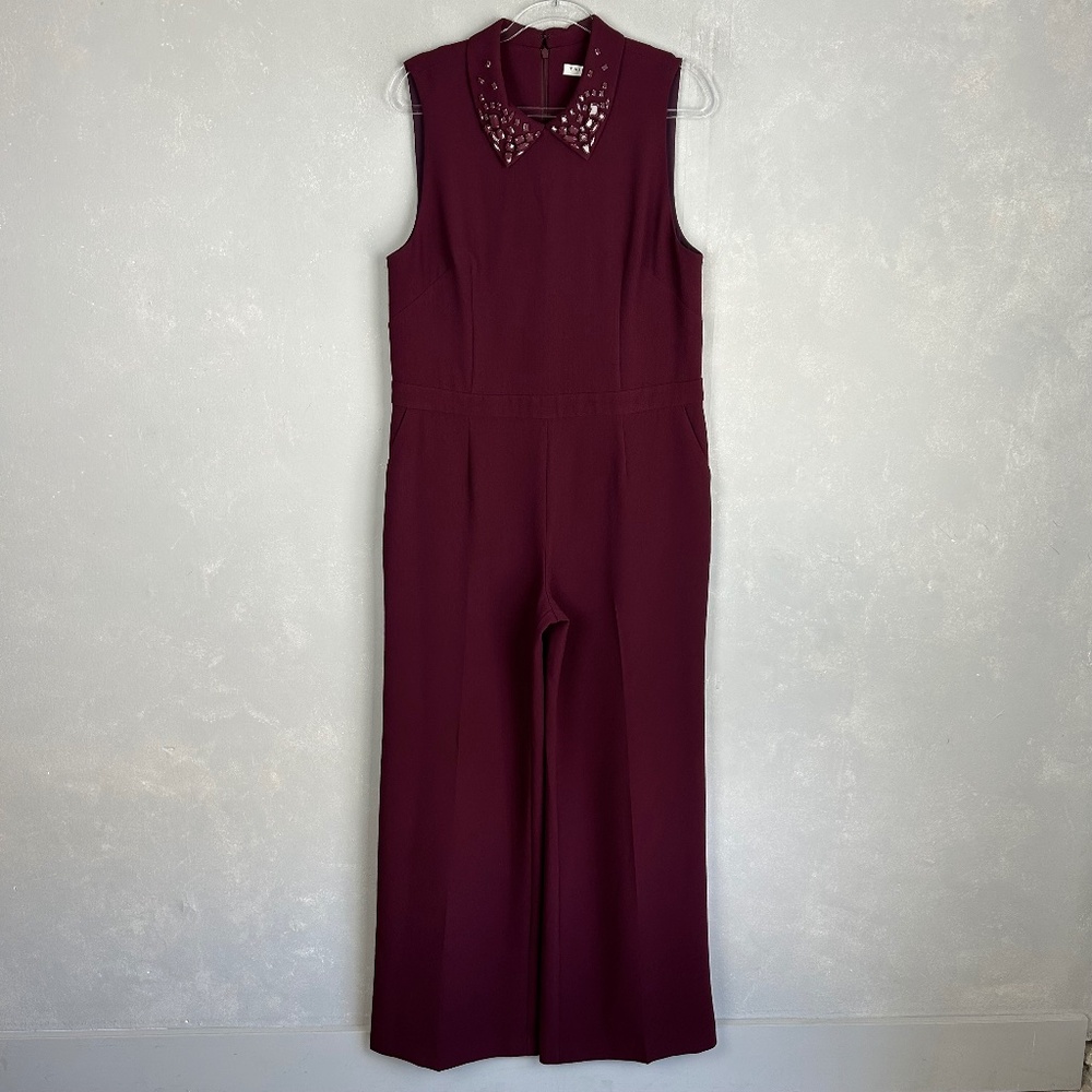 Trina Turk size 14 jumpsuit burgundy sequin collar wide leg sleeveless NEW